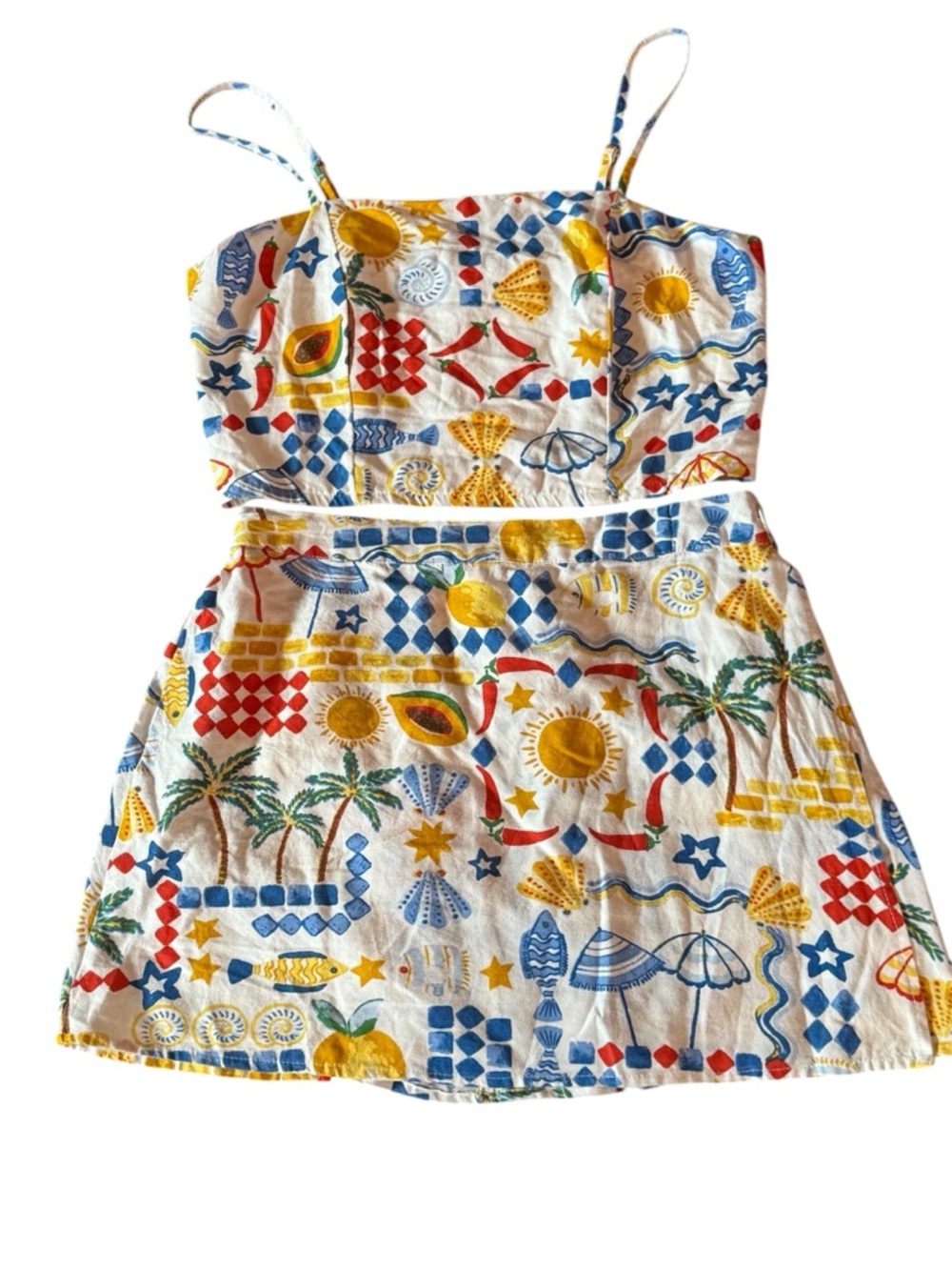 Midnight Sky Colorful Tropical Print Two-Piece Dress Set LARGE Linen Blend Beach